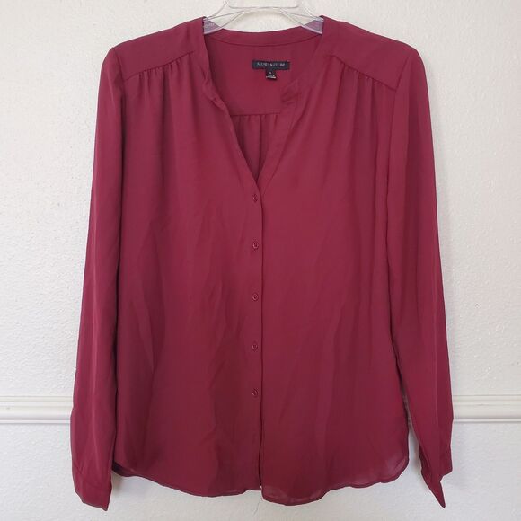 Audrey & Celine Blouse Button Up V Neck Womens Small Maroon Sheer Long Sleeve - Picture 1 of 11